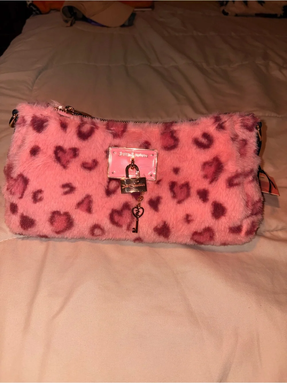 Juicy Couture Pink Leopard Faux Fur Clutch with Gold Lock Charm
